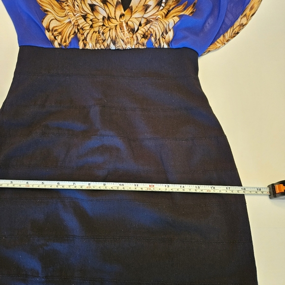 Nicole Miller size 10 black bodycon, scarfprint blue/ gold top dress. - Picture 9 of 9